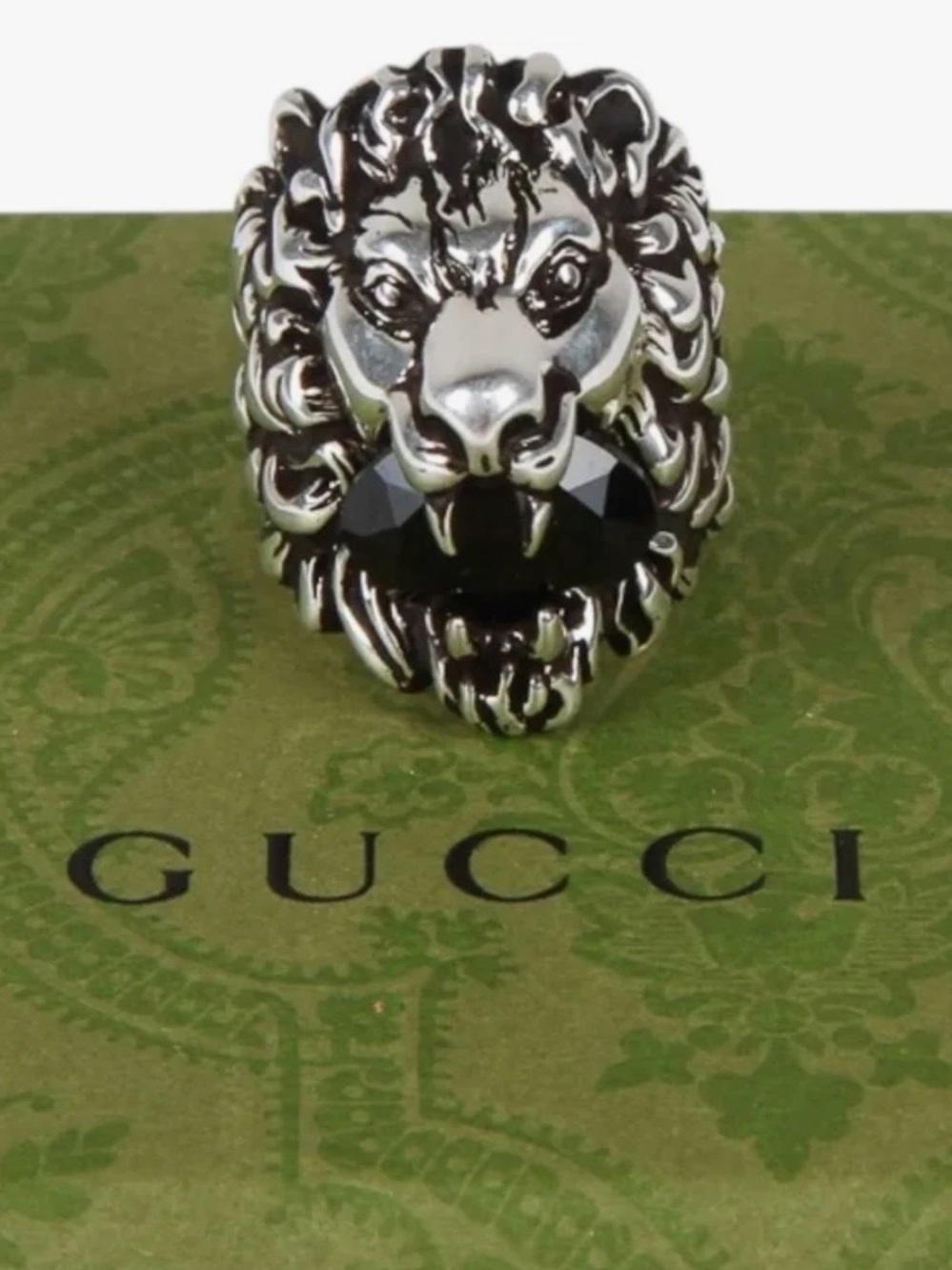 Gucci Silver-Tone Lion Head Ring with Black Stone